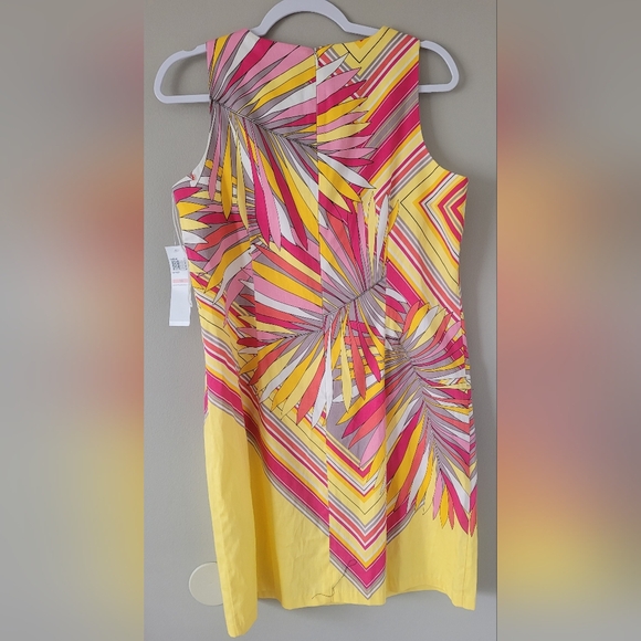London Times Women's Stretch Cotton Palm Print Dress Colorful Yellow/Pink 10 NEW - Picture 15 of 16